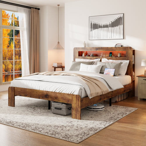Bed Frame King Size, Wood Platform Bed Frame with Storage LED Light Headboard and 2 USB , Noise Free,No Box Spring Needed and Easy Assembly Tool,Large Under Bed Storage,Dark Brown