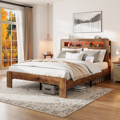 Bed Frame Queen Size, Wood Platform Bed Frame with Storage LED Light Headboard and 2 USB , Noise Free,No Box Spring Needed and Easy Assembly Tool,Large Under Bed Storage,Dark Brown