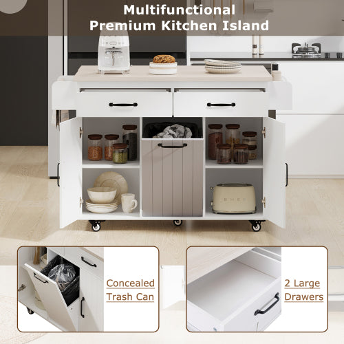 Kitchen Island Cart with Trash Storage Drop Leaf and Adjustable Shelves White