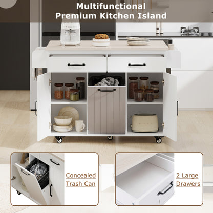 Kitchen Island Cart with Trash Storage Drop Leaf and Adjustable Shelves White