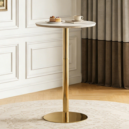 Rock slab circular tabletop non adjustable (39.5 inches high) bar table, bar table with gold legs and base (white+gold)