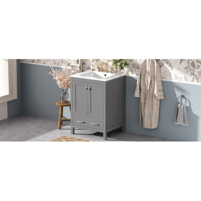 24-inch bathroom vanity with integrated undermount basin and a storage cabinet featuring 2 doors and 1 drawer. Includes double-layer door shelf, soft-close design, and versatile storage solutions