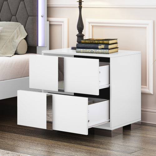 White Mirrored Nightstand with Metal Legs and 2 Drawers