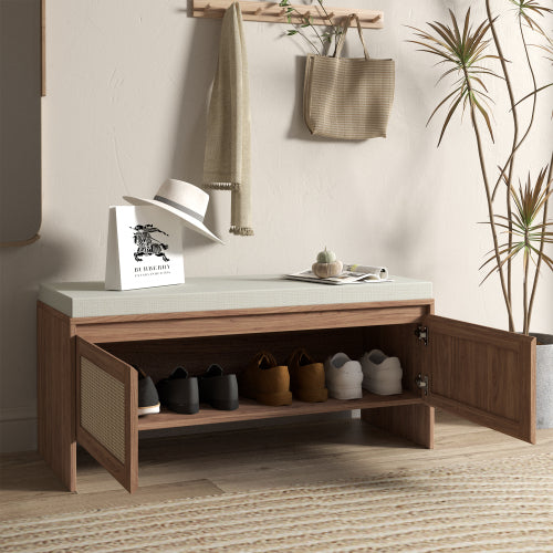 PP Rattan Storage Bench with Cushion, Faux Rattan Shoe Cabinet with 2 Doors, Mid-Century Modern Wood Entryway Seat, for Bedroom, Hallway, Mudroom, Natural Finish