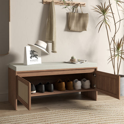 PP Rattan Storage Bench with Cushion, Faux Rattan Shoe Cabinet with 2 Doors, Mid-Century Modern Wood Entryway Seat, for Bedroom, Hallway, Mudroom, Natural Finish