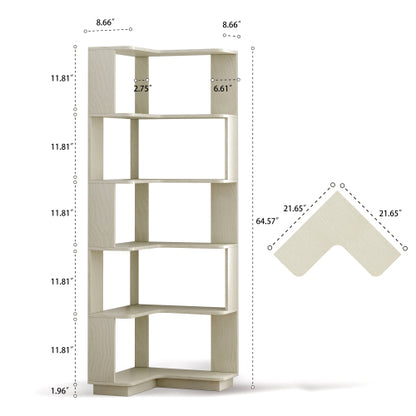 White 6-Tier L-Shaped Corner Bookshelf 21.65¡Á21.65¡Á64.57 Inch, Anti-fall Baffle Hollow Back Home Storage Rack