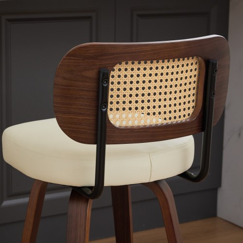 Set of 3 Counter Height Bar Stools - 26 inch Rattan Counter Height Stools with Cane Back, Upholstered Seat, Walnut Craftsmanship, Swivel Counter Stools for Island/Kitchen/Counter/Bar (Walnut /Beige)
