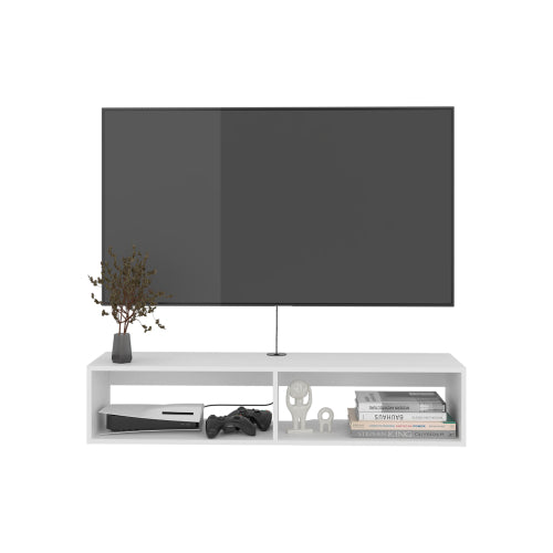 White Floating Entertainment Center with Open Storage Shelves
