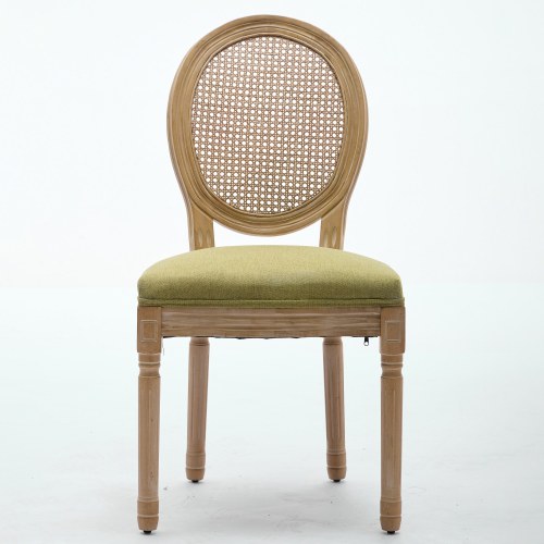 Set of 2 Olive Green French Solid Wood Rattan Back Dining Chairs, Antique Carved Frame 300 LBS Capacity