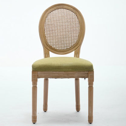 Set of 2 Olive Green French Solid Wood Rattan Back Dining Chairs, Antique Carved Frame 300 LBS Capacity