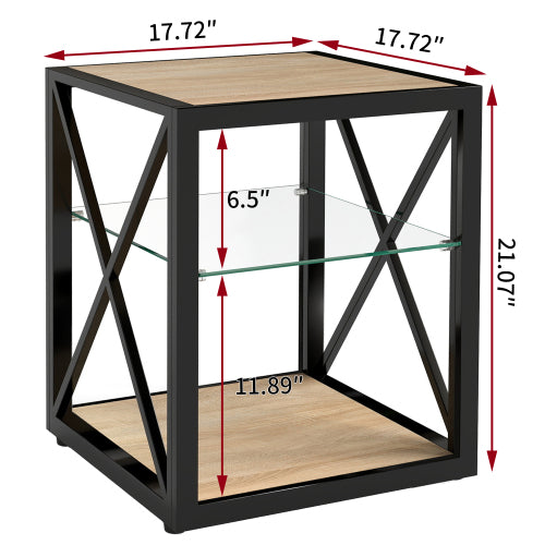 1 piece Modern End Table Nightstand for Bedroom & Living Room, Tempered Glass&Natural Wood MDF Top , Industrial Style Side Table