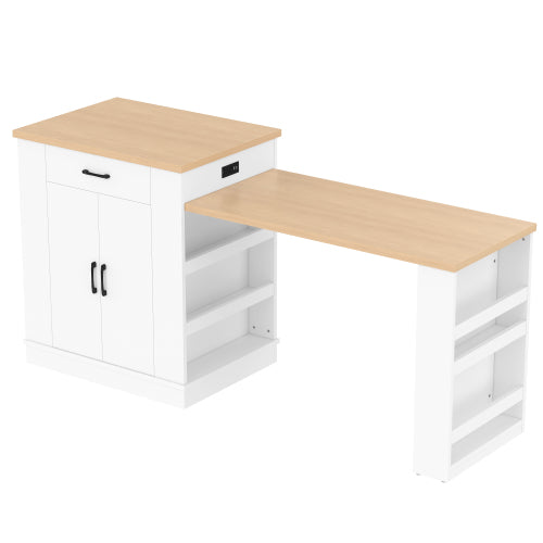 Extendable island console with drawers, double-door cabinet, and open shelving. Serves as dining table, temporary breakfast bar, and afternoon tea lounge,White