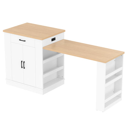 Extendable island console with drawers, double-door cabinet, and open shelving. Serves as dining table, temporary breakfast bar, and afternoon tea lounge,White