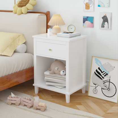 26.77''H Wooden Nightstand with One Drawer One Shelf for Kids, Adults, White+Golden handle