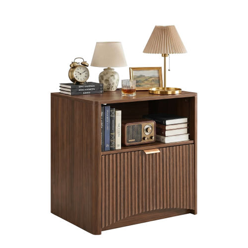 Set of 2 Walnut Mid-Century Nightstands with Charging Station