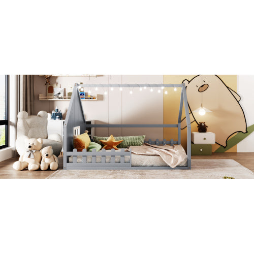 Full Size Wood House Bed with Window and Fence, Gray