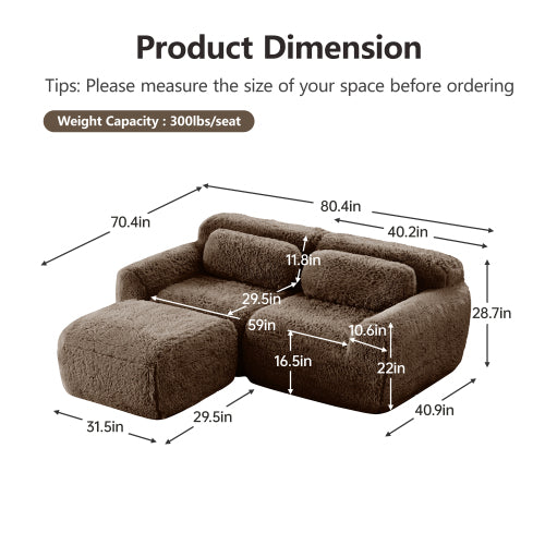 Chocolate L-Shape Plush Boneless Modular Sofa with Chaise Pillows