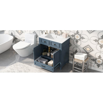 30'' Bathroom Vanity with Ceramic Sink,Solid Wood Frame Bathroom Storage Cabinet with Soft Closing Doors,Retro Style, Blue