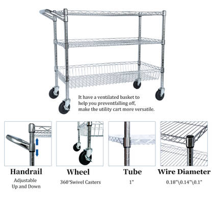 Heavy Duty Rolling Utility Cart,3 Tier Rolling Carts with Wheels,with Handle Bar  Shelf Liners,Storage Cart for Kitchen,Restaurant,Plant Display,Chrome
