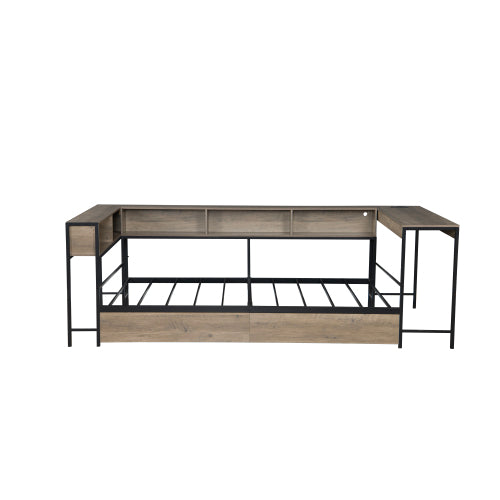 Corner Bed Frame Twin Size with Bookcase and 2 Underbed Storage Drawers, Modern Twin Bed with LED Light and Charging Station, Grey