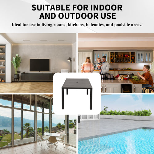 Outdoor Dining Table for 4 Person,Square Slatted Metal Patio Table for Deck Garden Lawn Backyard Use with Umbrella Hole, Brown