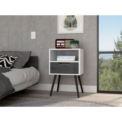 Smokey Oak & White Nightstand with Drawer & Shelf