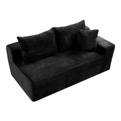 Black Corduroy Leg-Free Floor-Hugging Compressed Armless 2-Seater Loveseat Sofa for Small Apartment Living-Room