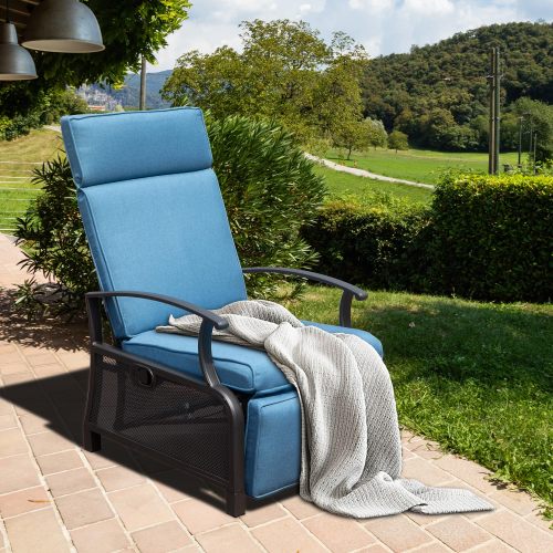 Adjustable Patio Recliner Chair Metal Outdoor Lounge Chair with Flip Table Push Back, Adjustable Angle, Removable Cushions, Support 350lbs, Navy Blue