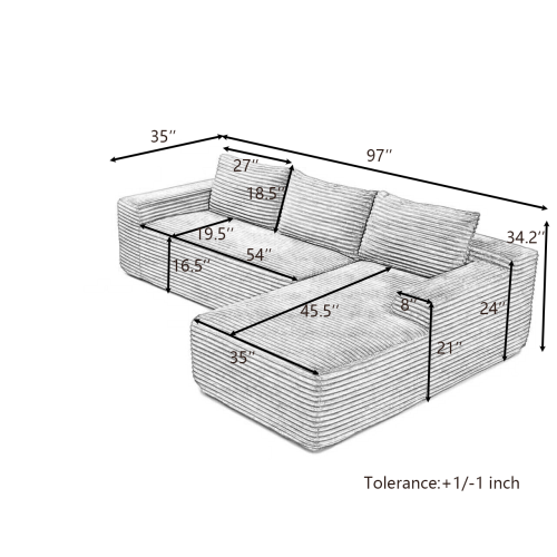 97'' Modular Sectional Sofa, Cloud Sectional Couch with Deep Seat, Modern Modular L-Shape Sofa Couch with Chaise,Upholstered Couches for Living Room Bedroom,No Assembly, Grey