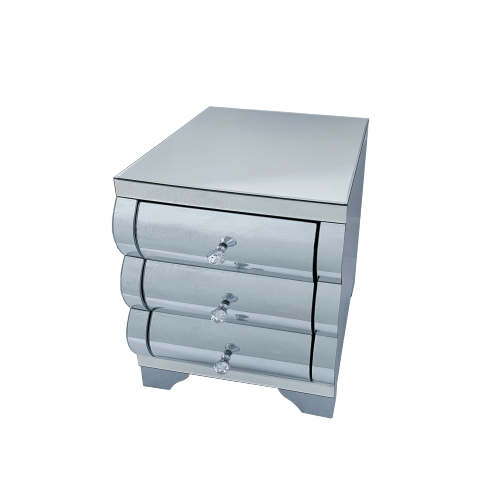 Silver Mirrored Nightstand with 3 Drawers, Curved Glass & MDF Bedside Chest for Small Spaces
