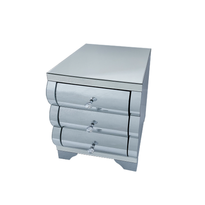 Silver Mirrored Nightstand with 3 Drawers, Curved Glass & MDF Bedside Chest for Small Spaces