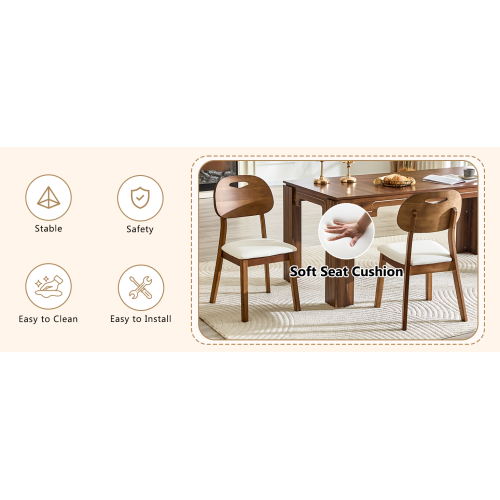 Set of 2 Walnut Solid Wood Dining Chairs, Curved Hollow Back with White PU Cushion