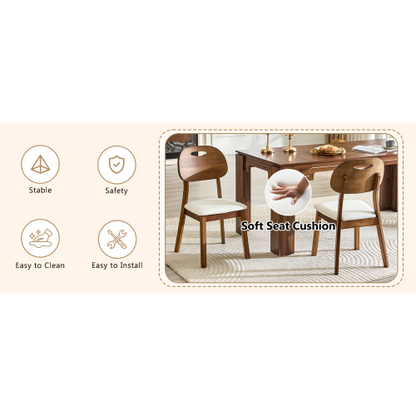 Set of 2 Walnut Solid Wood Dining Chairs, Curved Hollow Back with White PU Cushion