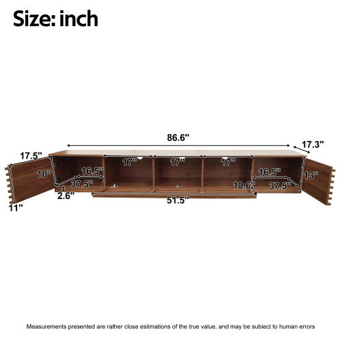 86.6 inch Walnut Legless Horizontal Slat Flip Door TV Stand Low Profile Media Console Fits 90 inch TV