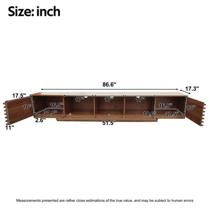 86.6 inch Walnut Legless Horizontal Slat Flip Door TV Stand Low Profile Media Console Fits 90 inch TV