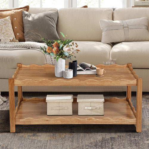 2-Tier Rectangular Coffee Table Rubberwood Storage Shelf Modern Living Room Table