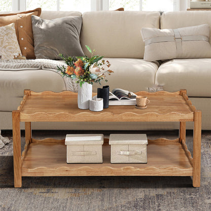 2-Tier Rectangular Coffee Table Rubberwood Storage Shelf Modern Living Room Table
