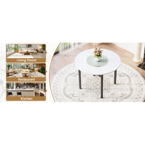 42-Inch Round Dining Table with Glass Inlay for 4-6 People