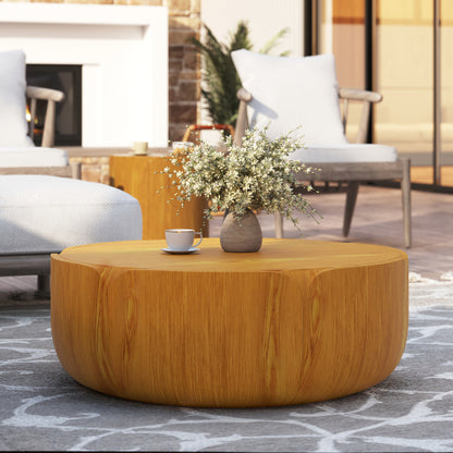 35.63" Round Outdoor Indoor Coffee Table, Modern Wood Grain Drum Center Table, Sturdy MGO (Magnesium Oxide) Waterproof, No-Assembly Table for Patio, Garden, Backyard, Living Room (Wood Color)