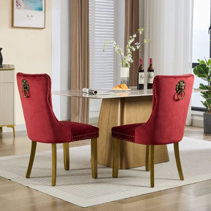 Mid-Century Modern Velvet Dining Chairs Set of 2 with Lion Head Pull Ring, Tufted Upholstered Chair, Wine Red