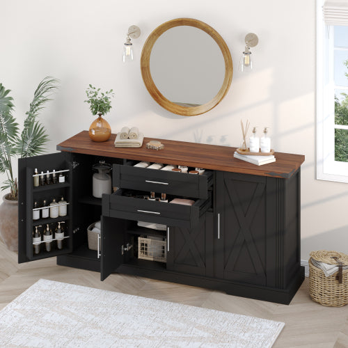 63 inch Farmhouse Barn Door Storage Cabinet with 2 Drawers & Door Rack, Large Buffet Table Coffee Bar Cabinets with Adjustable Shelves for Kitchen, Living Room, Entryway, Dining Room, Black