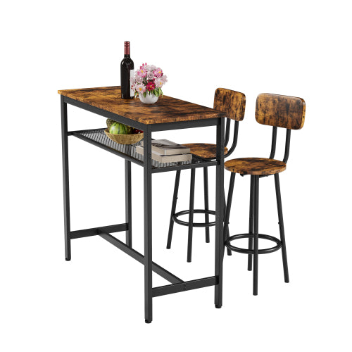 3-Piece Rustic Brown Bar Set, Table with Partition & 2 Backrest Stools