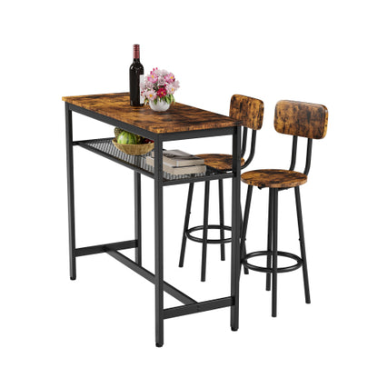 3-Piece Rustic Brown Bar Set, Table with Partition & 2 Backrest Stools