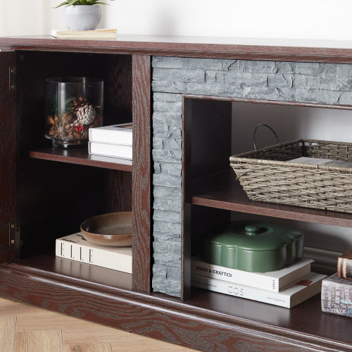 70 Inch Cherry Faux Stone 2-Door TV Media Console Adjustable Storage Shelves 6 Cable Holes Holds 75 Inch TV