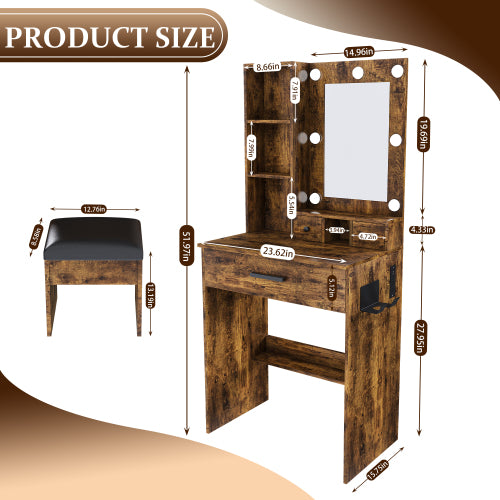 Vintage Compact LED Vanity Table Set, Power Outlet, Hairdryer Holder & Upholstered Stool