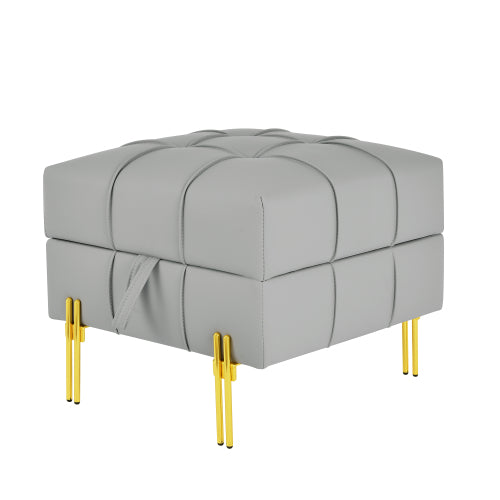 Gray Anti-Scratch Leather Storage Ottoman, Pet-Friendly Bench with Golden Stainless Steel Legs