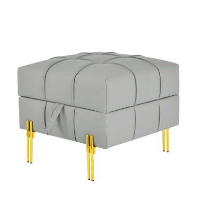 Gray Anti-Scratch Leather Storage Ottoman, Pet-Friendly Bench with Golden Stainless Steel Legs