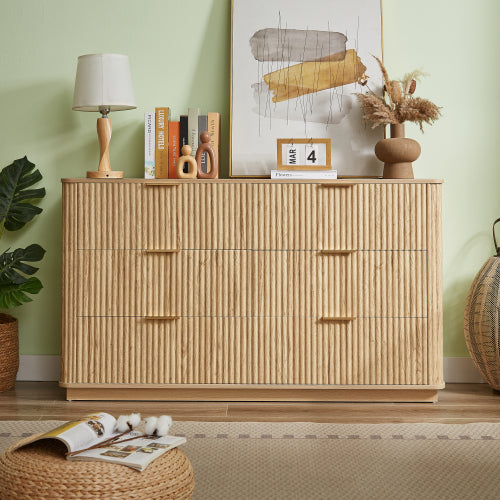 6 Drawers Dresser,55" Wide Modern Chest of Drawers Curved wave Design, Dresser TV Stand, Wood Drawer Organizer for Bedroom, Living Room, Hallway, Walnut,55.12''W x 15.75''D x 31.5''H.