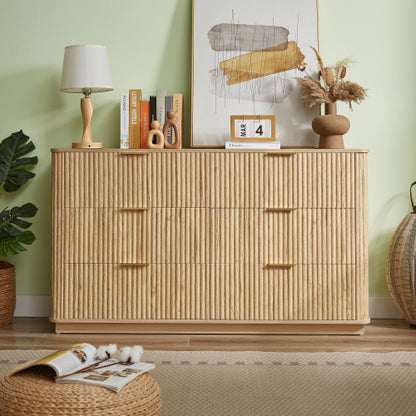 6 Drawers Dresser,55" Wide Modern Chest of Drawers Curved wave Design, Dresser TV Stand, Wood Drawer Organizer for Bedroom, Living Room, Hallway, Walnut,55.12''W x 15.75''D x 31.5''H.