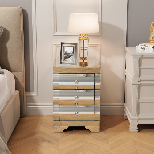 Silver Mirrored Nightstand with 3 Drawers, Curved Glass & MDF Bedside Chest for Small Spaces